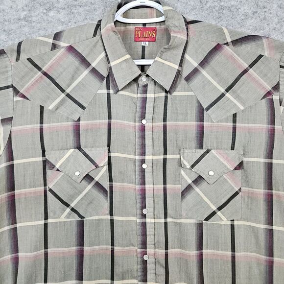 Ely Plains Men's XL Pearl Snap Short Sleeve Shirt Gray Windowpane WITH PINHOLES‎ - Picture 2 of 13